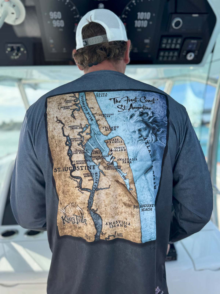 King Tide long sleeve performance shirt in serene black.  Back side features vintage style map of St. Augustine. UPF 50 XS-5X Made in USA. Original artwork and design by Tal Willis.

