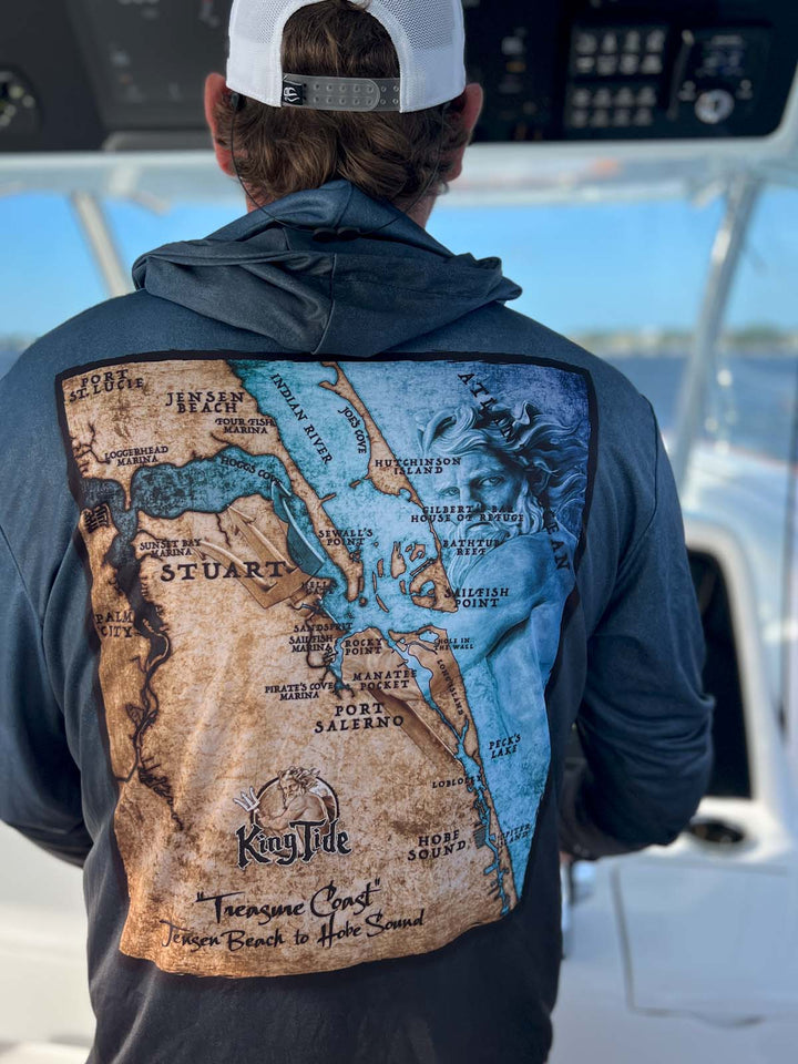 Vintage style Stuart, FL coastal map on back of serene black performance hoodie.  Double lined hood. UPF50. Unisex. XS-4X. Made in USA. Original art and design by Tal Willis.

