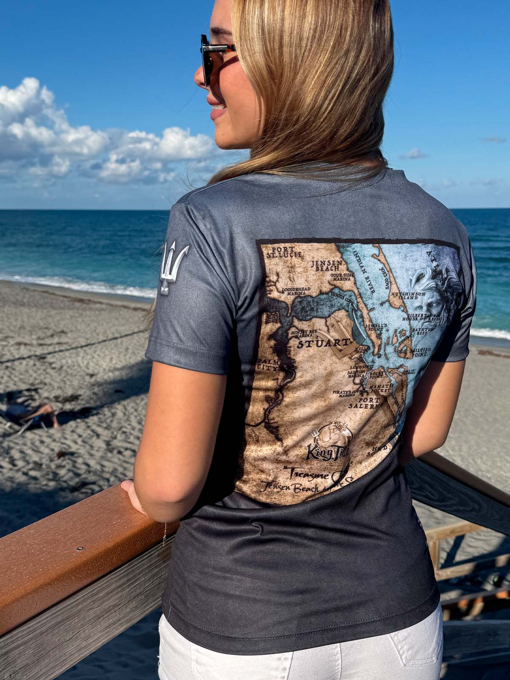 Vintage style map of Stuart, FL on back of short sleeve performance shirt with serene black allover print. UPF 50. XS-4X. Made in USA. Original art and design by Tal Willis.
