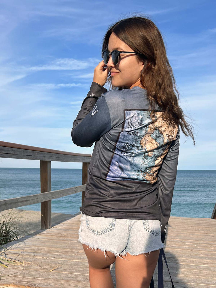 vintage style Tampa coastal map  on the back side of a  serene black, long sleeve performance shirt. UPF50. XS-2X. Made in USA