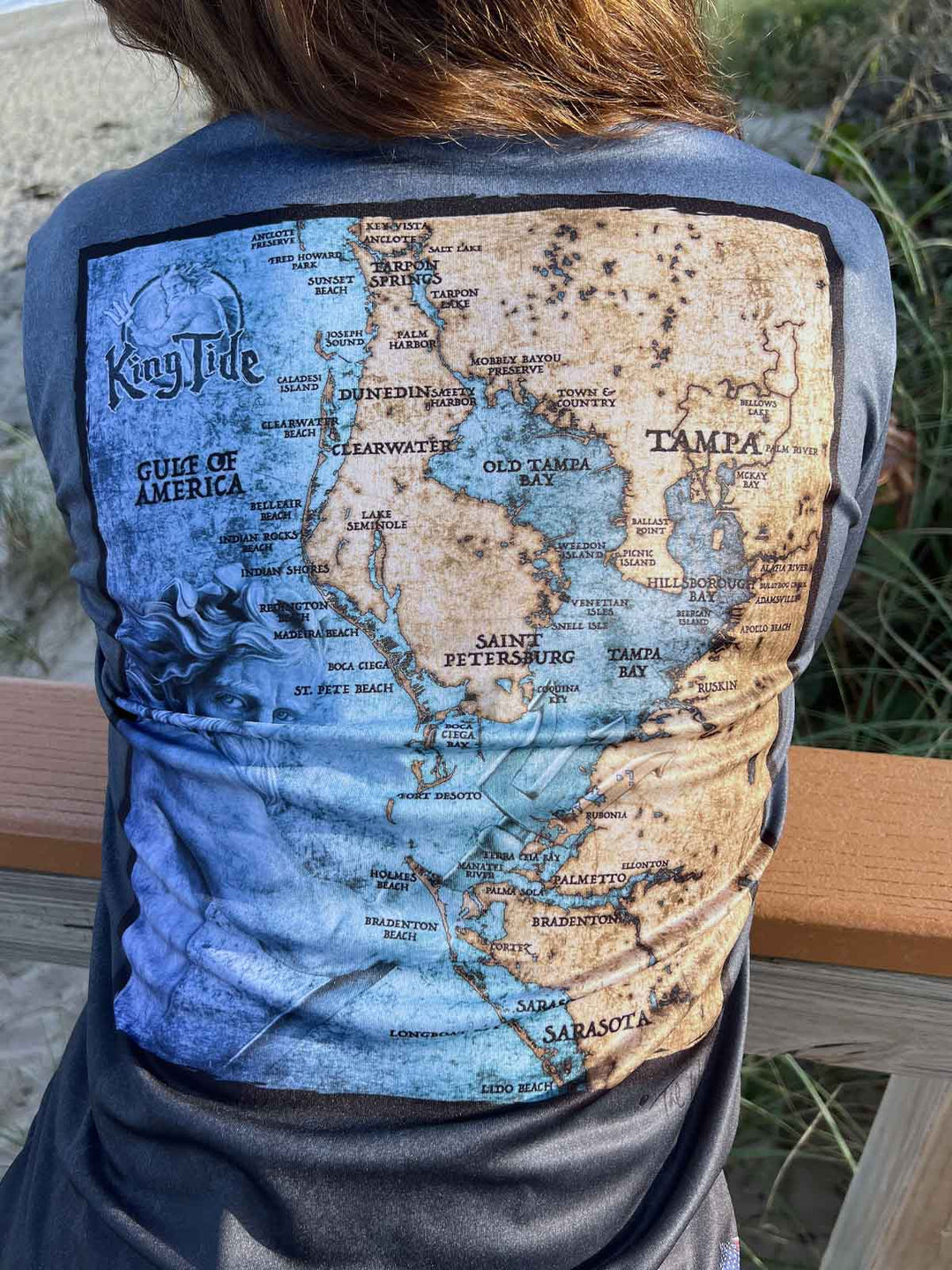 vintage style Tampa coastal map  on the back side of a  serene black, long sleeve performance shirt. UPF50. XS-2X. Made in USA