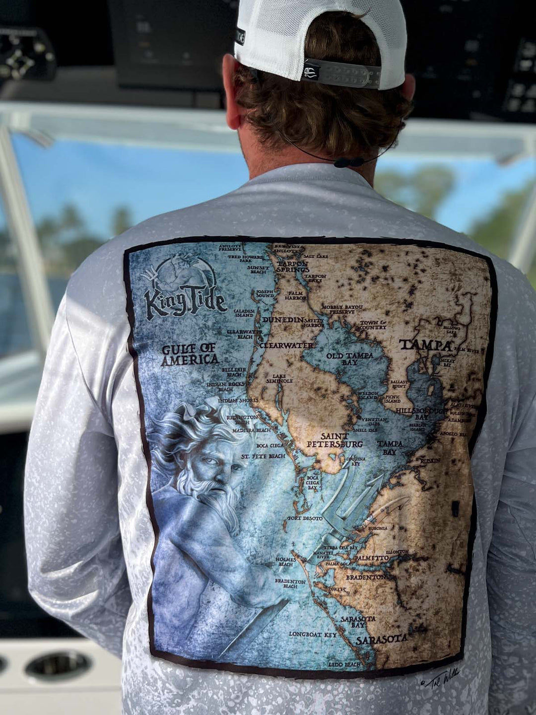 Vintage style, nautical chart  of Tampa, FL  on back of long sleeve performance shirt with slate fossil allover print. UPF 50. XS-5X. Made in USA. Original art and design by Tal Willis.