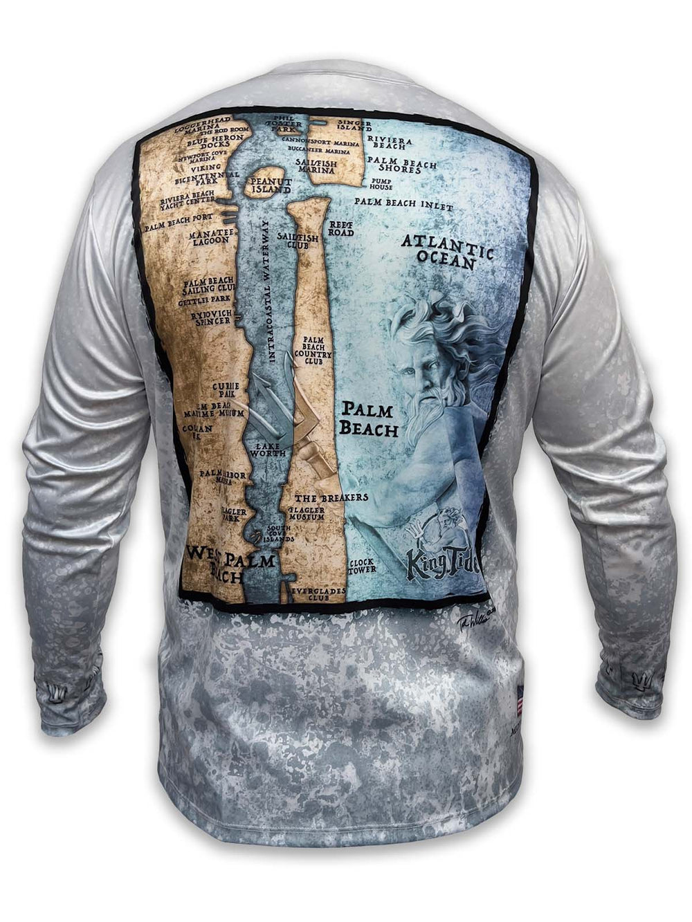 Palm Beach fine art map on a custom, made to order, luxury performance shirt with a slate fossil background. Long sleeves.