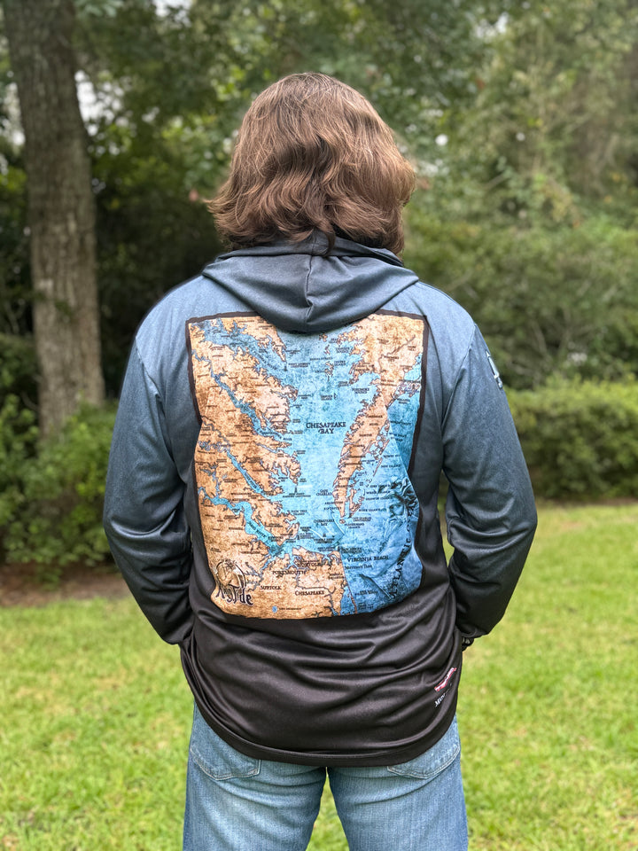 Chesapeake Bay, VA vintage style map on back side of long sleeve serene black hoodie.  XS-4X Made in USA. Original art and design by Tal Willis.