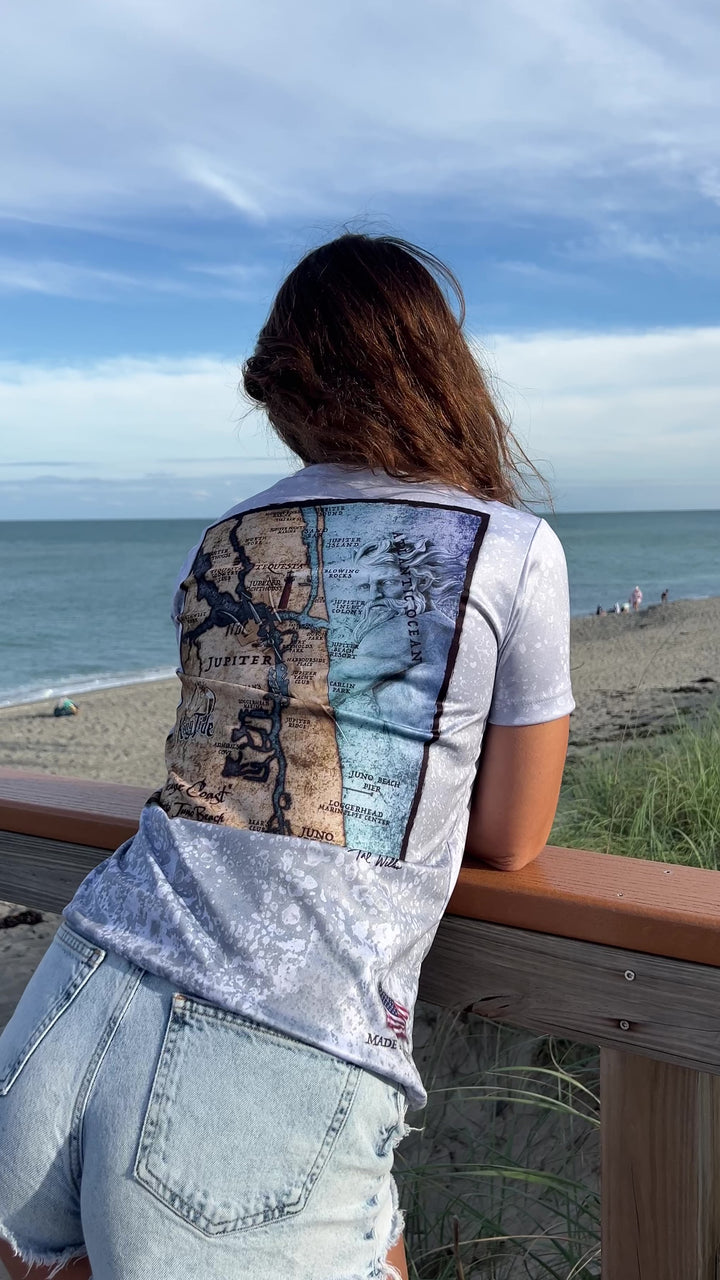 Jupiter, FL / King Tide Women's V Neck Allover Short Sleeve Chart Shirt