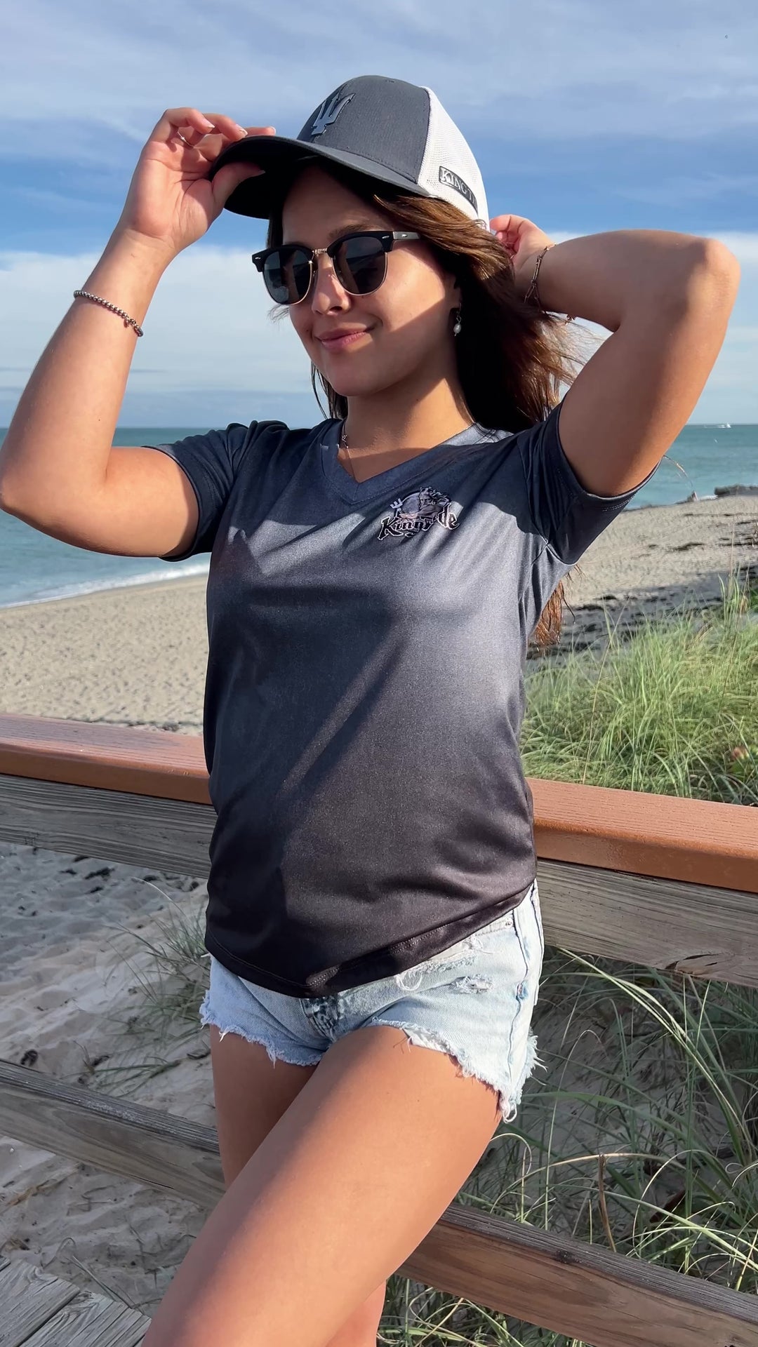 Jupiter, FL / King Tide Women's V Neck Serene Black Short Sleeve Chart Shirt