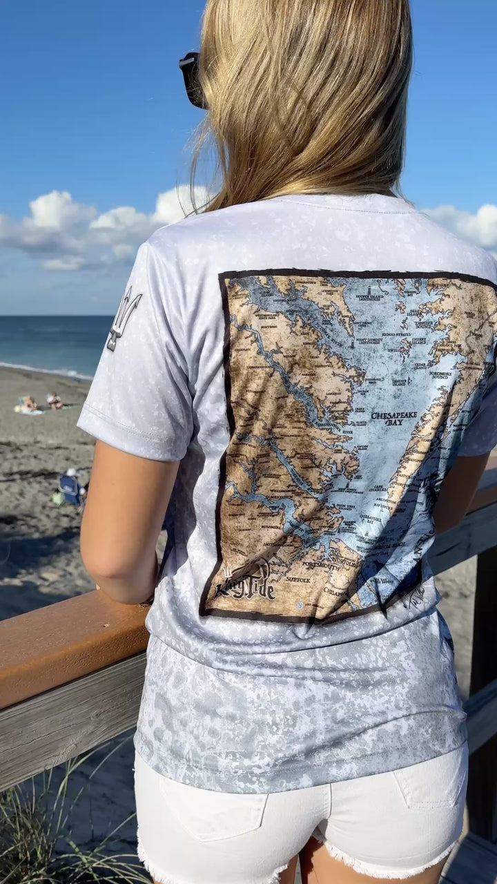 Chesapeake Bay, VA  / King Tide Women's V Neck Allover Short Sleeve Chart Shirt