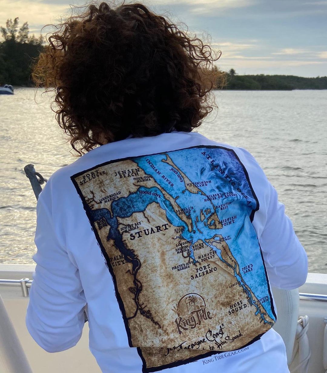Classic White Long sleeve, performance shirt. Back shows vintage style map of Stuart, FL. UPF 50. XS-5X. Made in USA. Original art and design by Tal Willis. 

